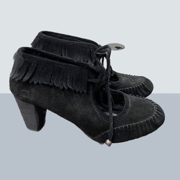Born Black Suede Leather Fringe Heeled Booties 7.5 - Picture 2 of 5